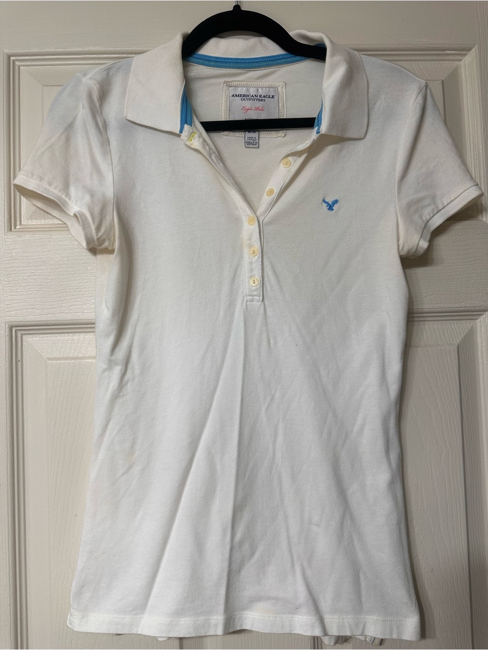 American Eagle White Polo with Teal Logo